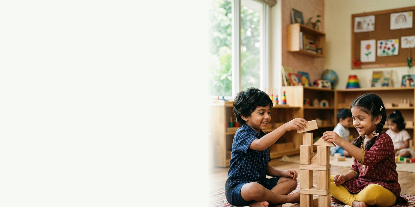 A child building with colorful wooden toy blocks in Senior KG