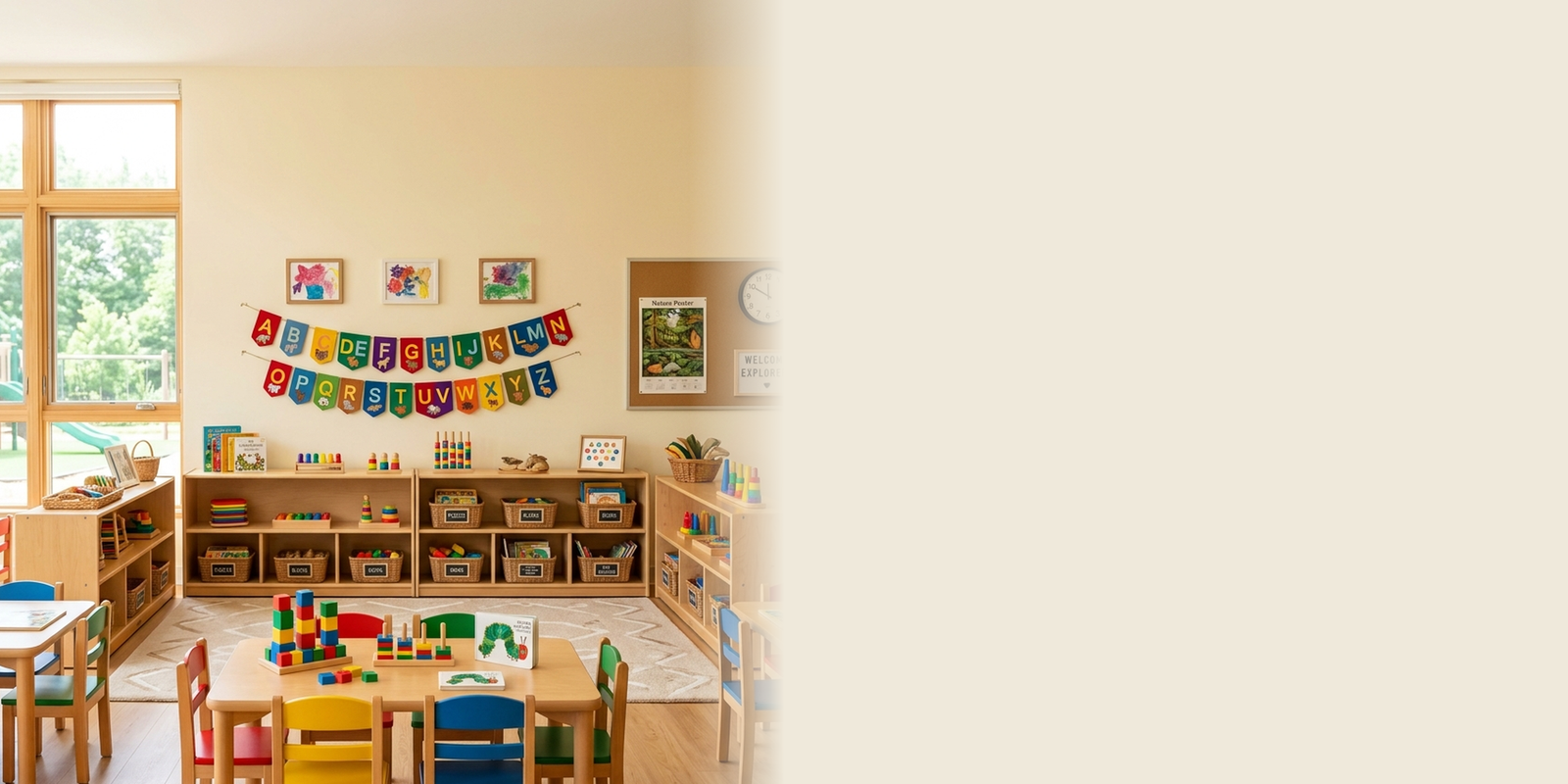 A child playing safely in a bright, clean classroom