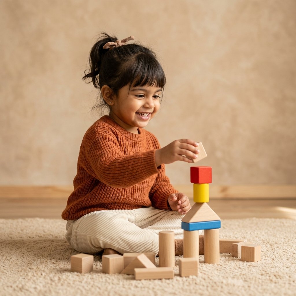 A child playing safely with clean wooden blocks